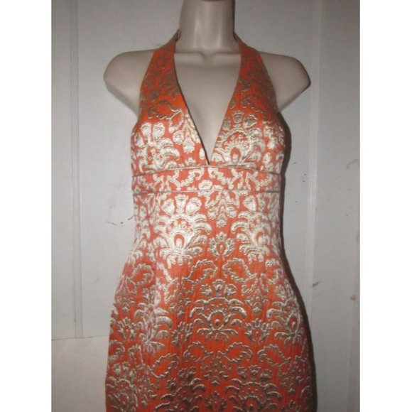 David Meister Orange With Metallic Floral Brocade Print Silk With A Halter Top - Picture 2 of 12